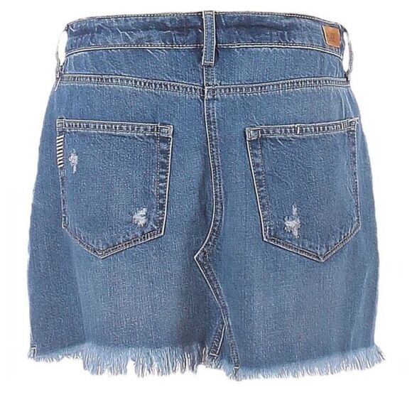 PAIGE Afia Dunlee Asymmetrical Frayed Hem Distressed Mini Jean Skirt Size 32 - Picture 3 of 9